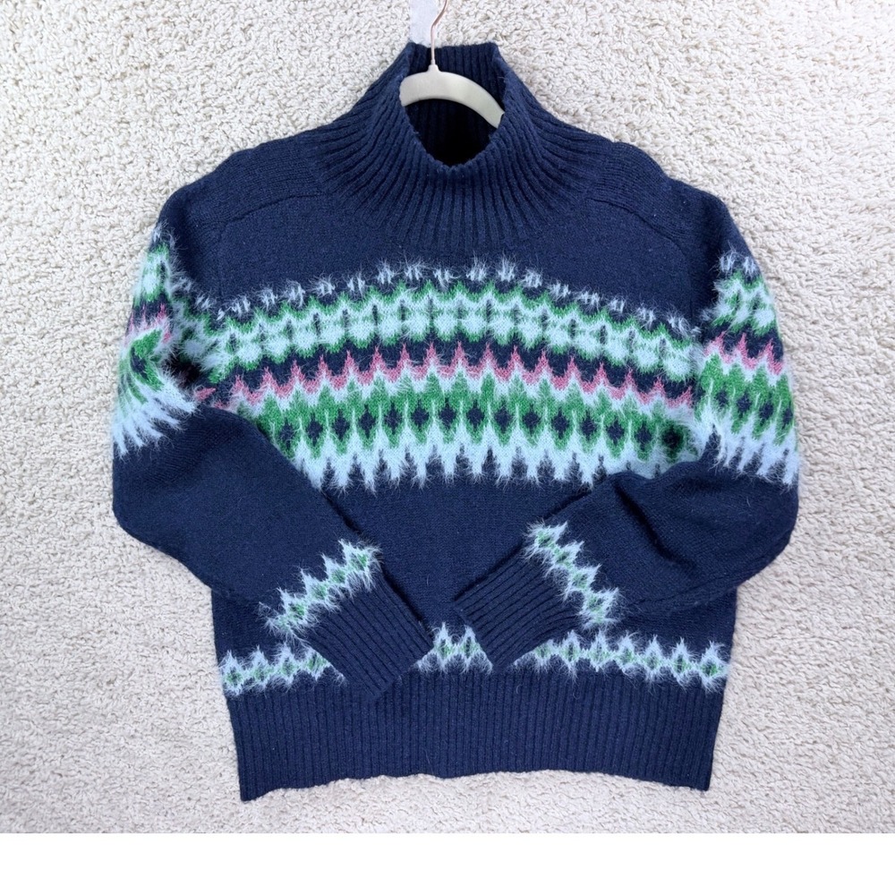 Free Assembly Sweater Women Large Navy Blue Fair Isle Eyelash Knit Mock Neck L